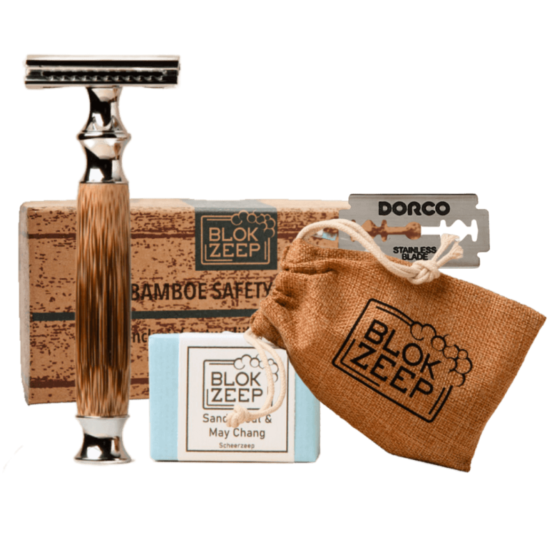 Set razor, jutenzakje, natuur scheerzeep